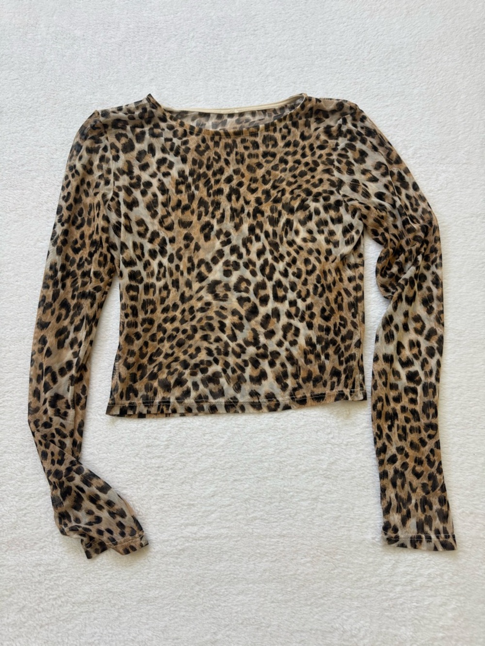 Leopard Print Long Sleeve Mesh Top - Brown